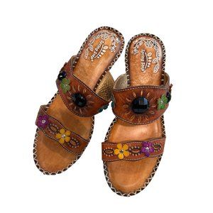 Spring Step Womens Sandals Brown Leather Heel Boho Floral Art2Wear Sz 39 (8.5)